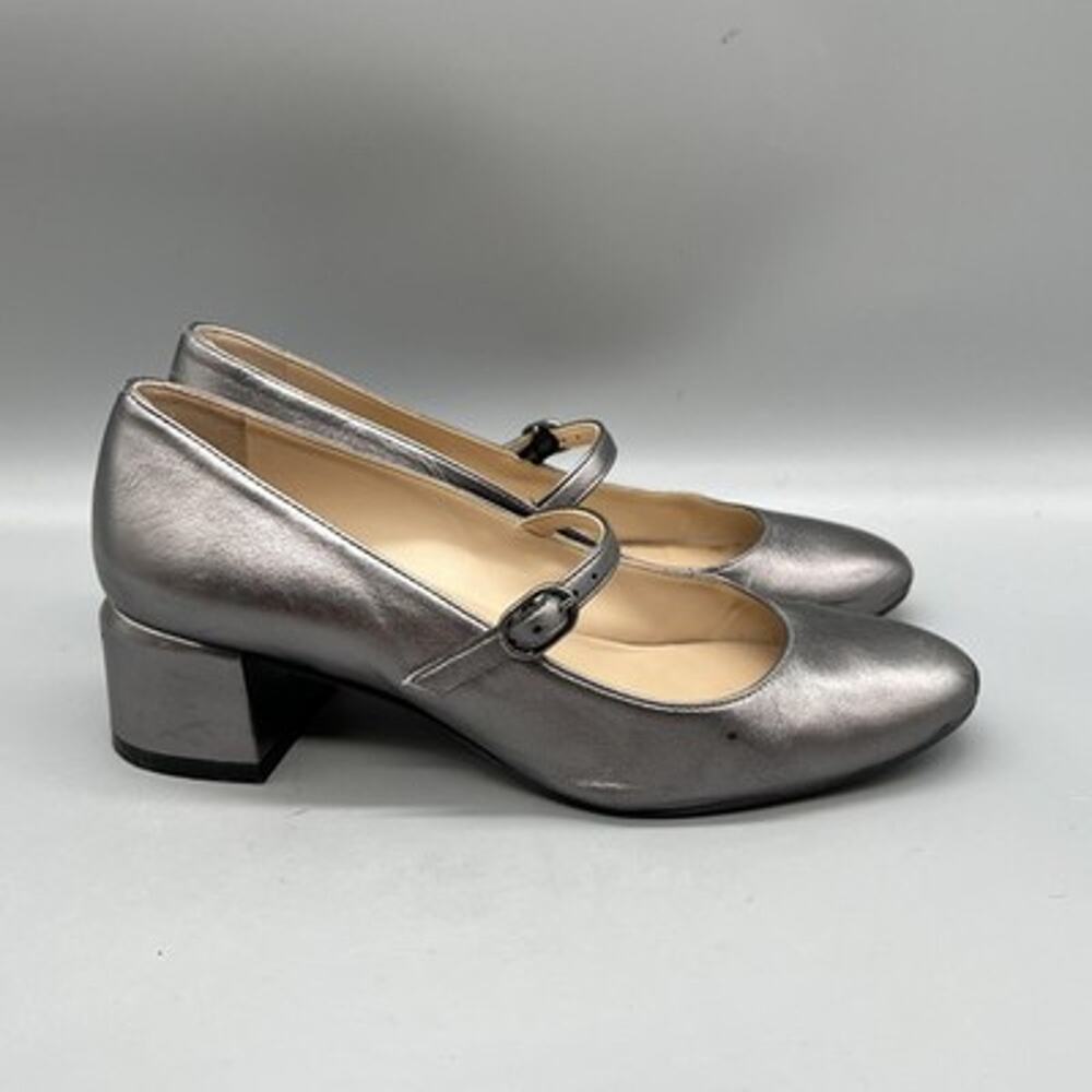 Stuart Weitzman Shoes Womens 7 Silver Leather Mary Jane Block Heel Pumps Classic